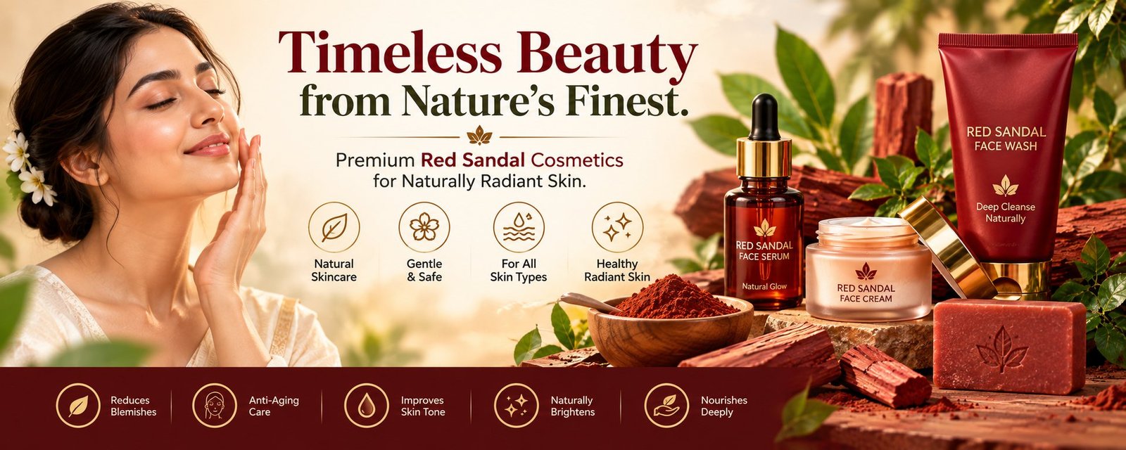 Timeless Beauty from Nature's Finest: premium red sandal cosmetics — face serum, face cream, face wash and soap for naturally radiant skin.