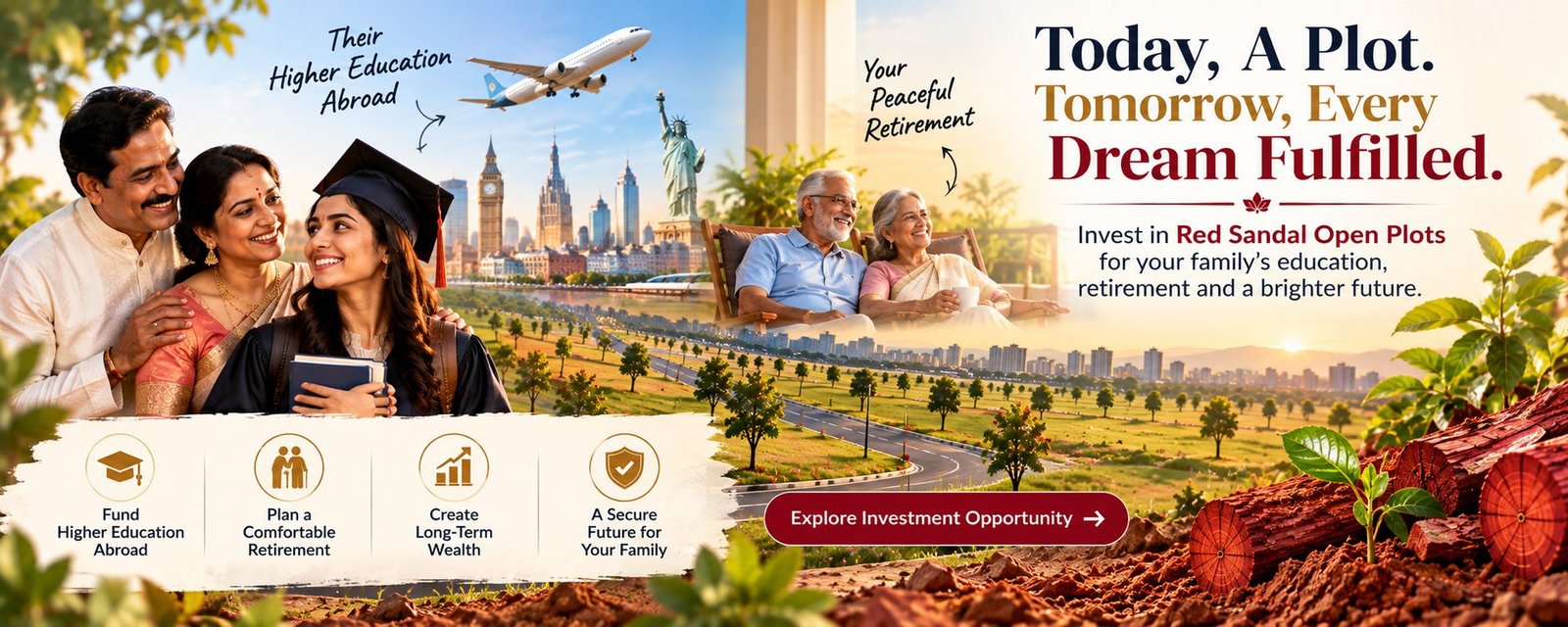 Today, A Plot. Tomorrow, Every Dream Fulfilled. Invest in Red Sandal Open Plots to fund higher education abroad, plan a comfortable retirement, create long-term wealth and secure your family's future.
