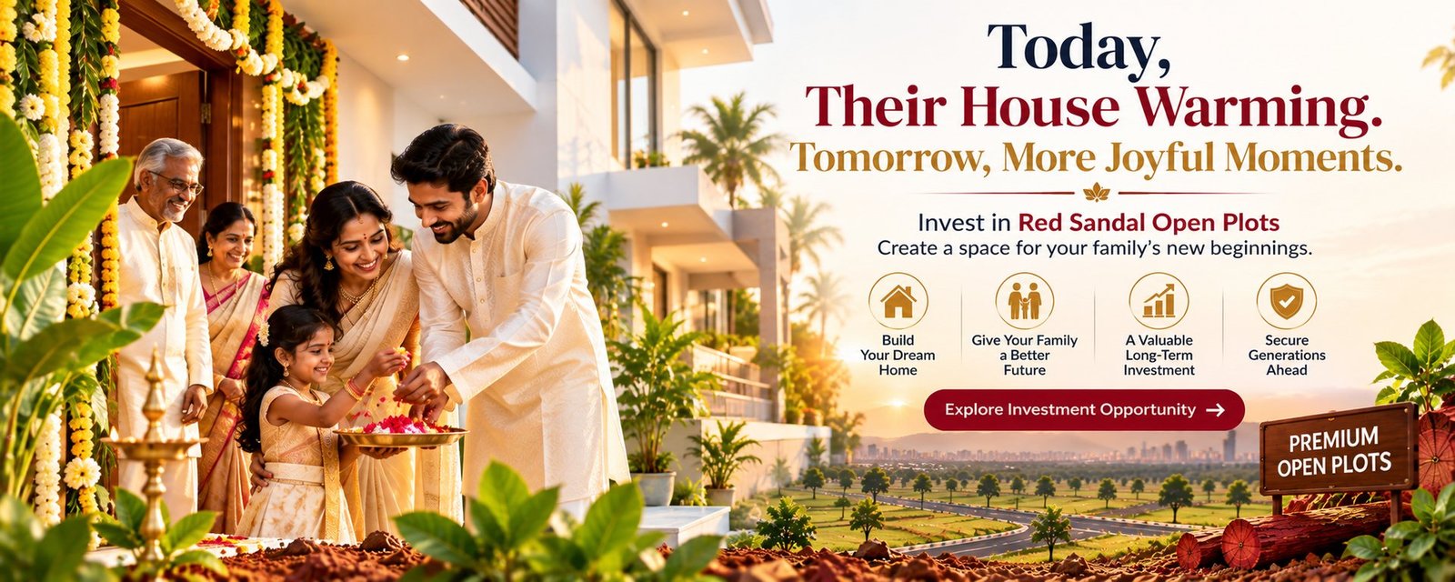 Today, Their House Warming. Tomorrow, More Joyful Moments. Invest in Red Sandal Open Plots to build your dream home, give your family a better future and secure generations ahead.