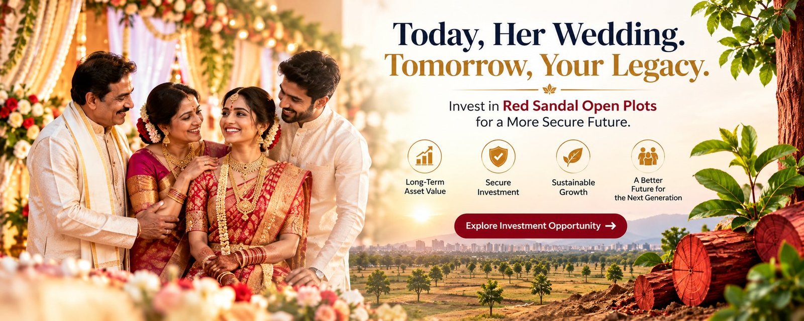 Today, Her Wedding. Tomorrow, Your Legacy. Invest in Red Sandal Open Plots for a more secure future — long-term asset value, secure investment, sustainable growth and a better future for the next generation.