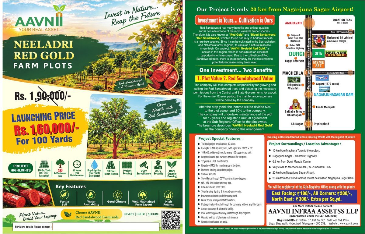 English brochure for Neeladri Red Gold Farm Plots: launching price Rs. 1,60,000 for 100 yards, project highlights, key features, location plan, special features and surroundings