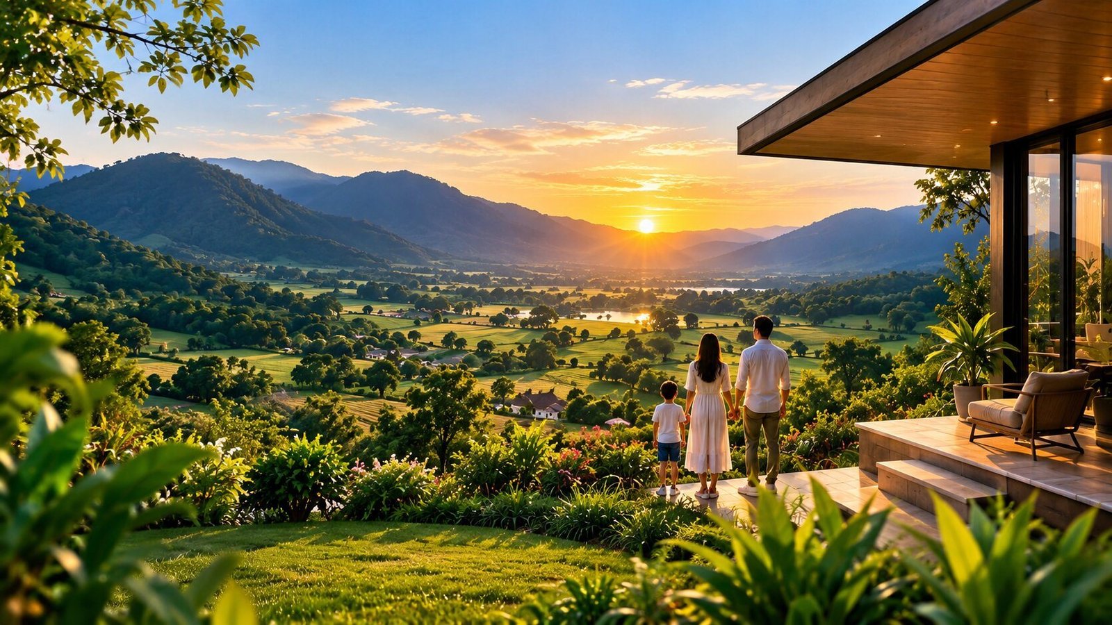 A family standing on their terrace watching the sunset over the valley