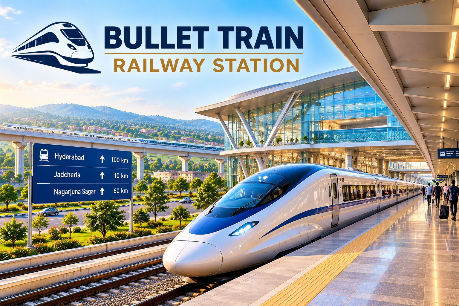Proposed bullet train railway station with a high-speed train at the platform