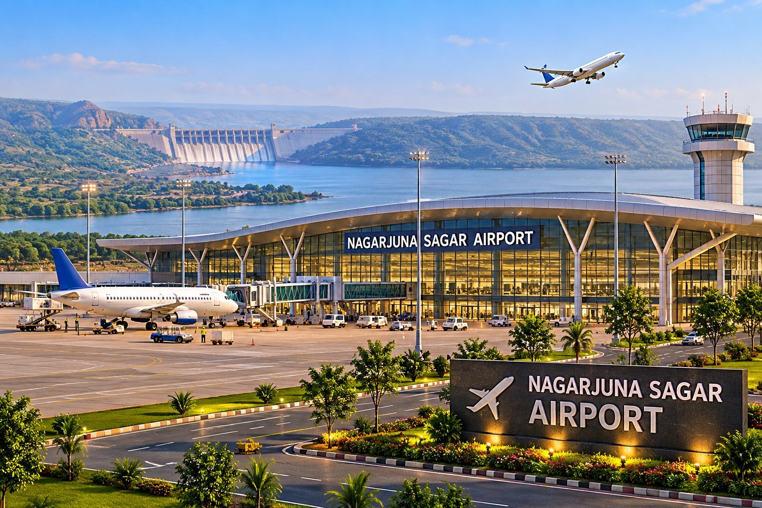 Nagarjuna Sagar Airport terminal with the dam in the background