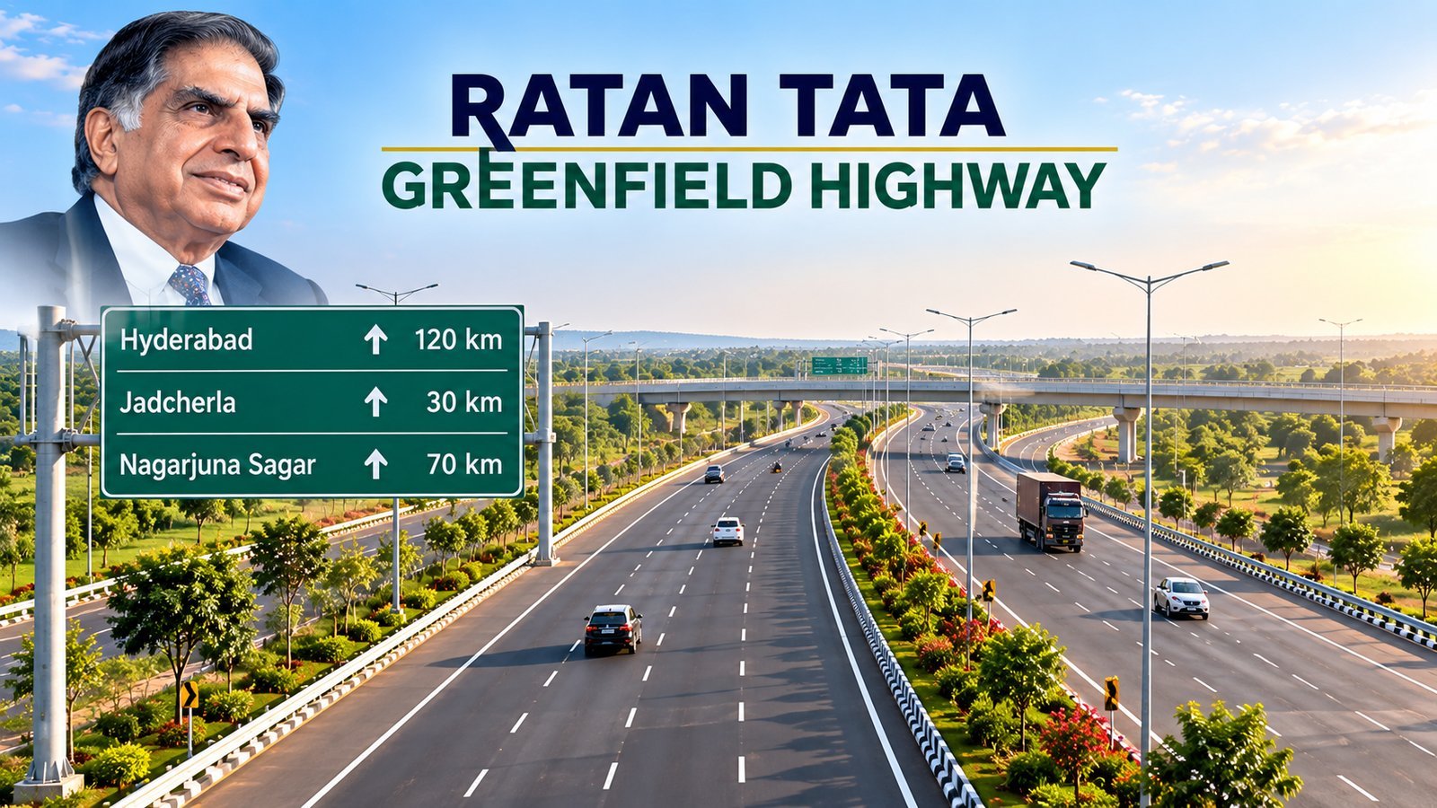 Ratan Tata Greenfield Highway with distance signs to Hyderabad, Jadcherla and Nagarjuna Sagar