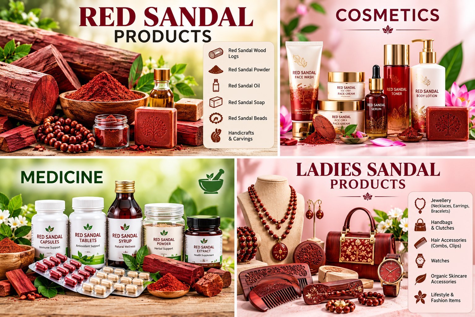 Red sandalwood products: logs, powder, oil, soap, cosmetics, medicine and ladies' accessories