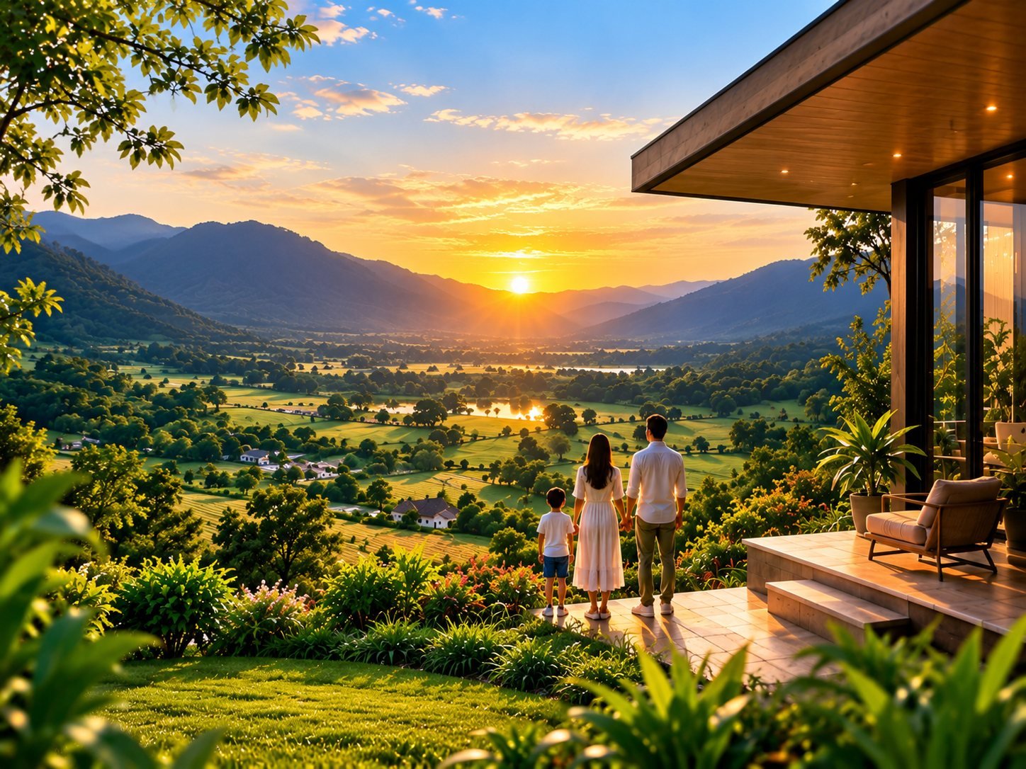 Family on a terrace overlooking the valley