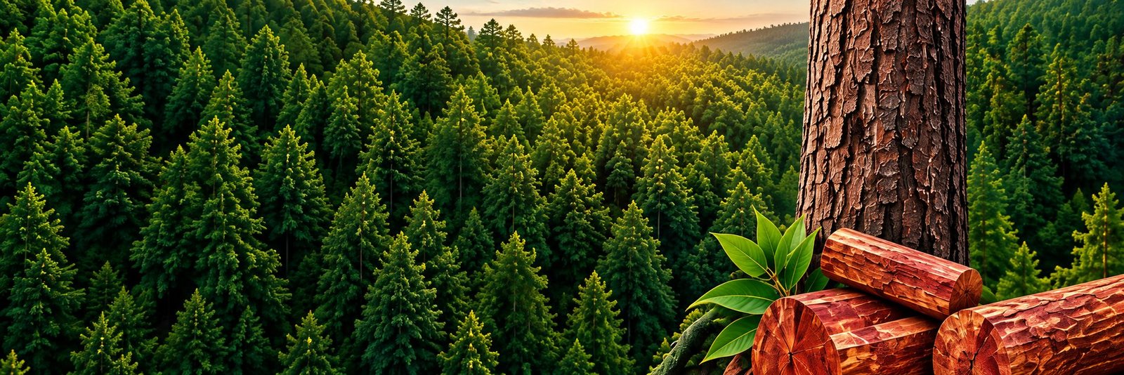 Forest at sunrise with a red sandalwood trunk and logs