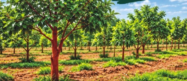 Rows of young red sandalwood trees on farm plots