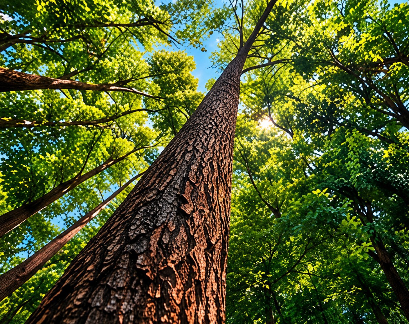 Looking up a tall tree trunk into the canopy